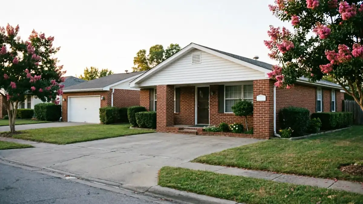 A brick house with a white garage door and pink flowering trees.