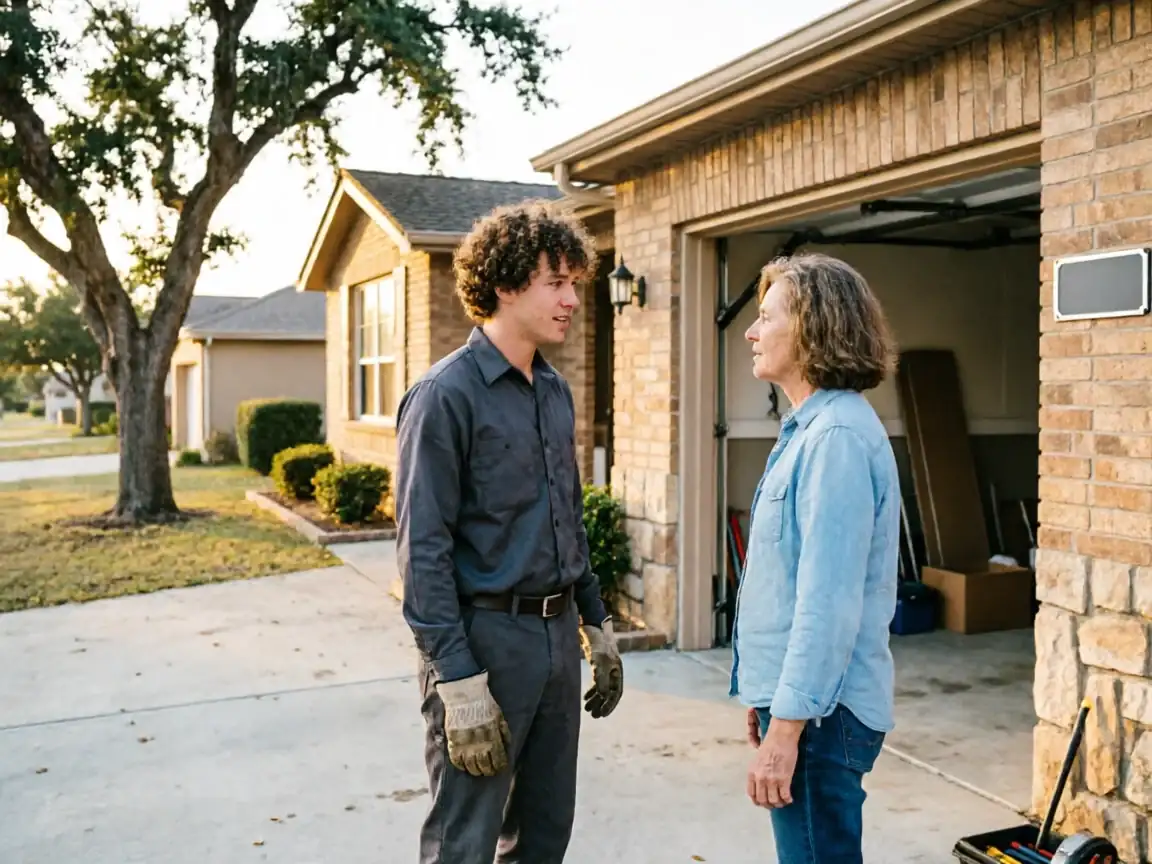 A technician wearing work gloves talks to a woman in front of a brick house.