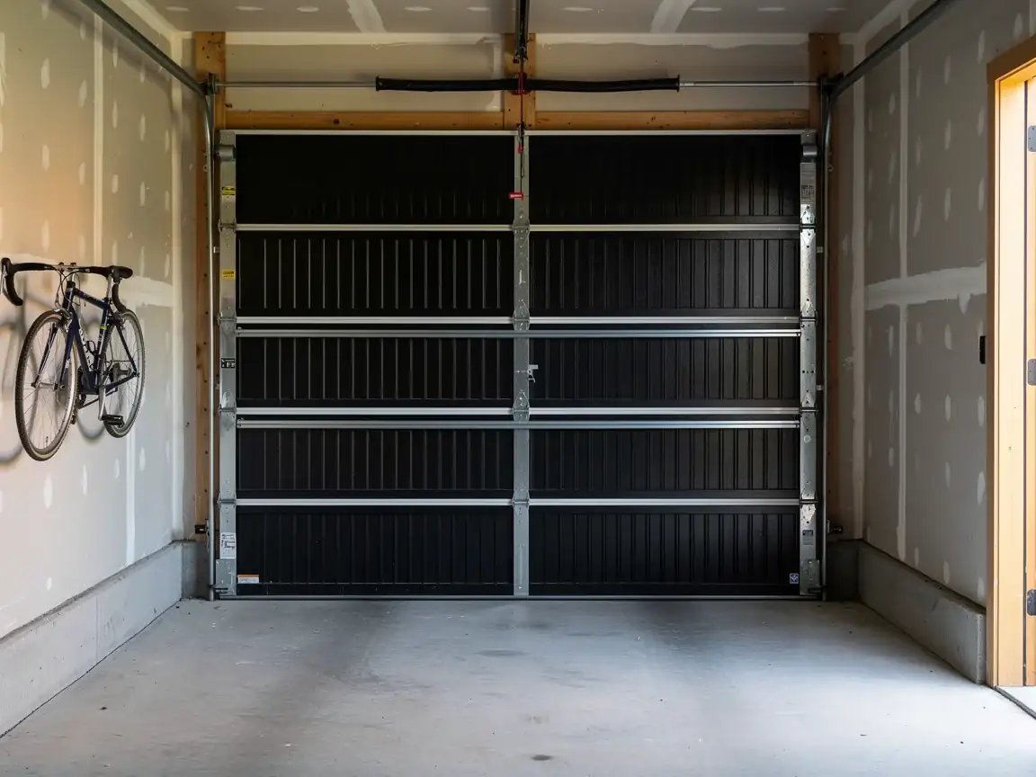 A black garage door is closed inside a garage with a bicycle on the wall.