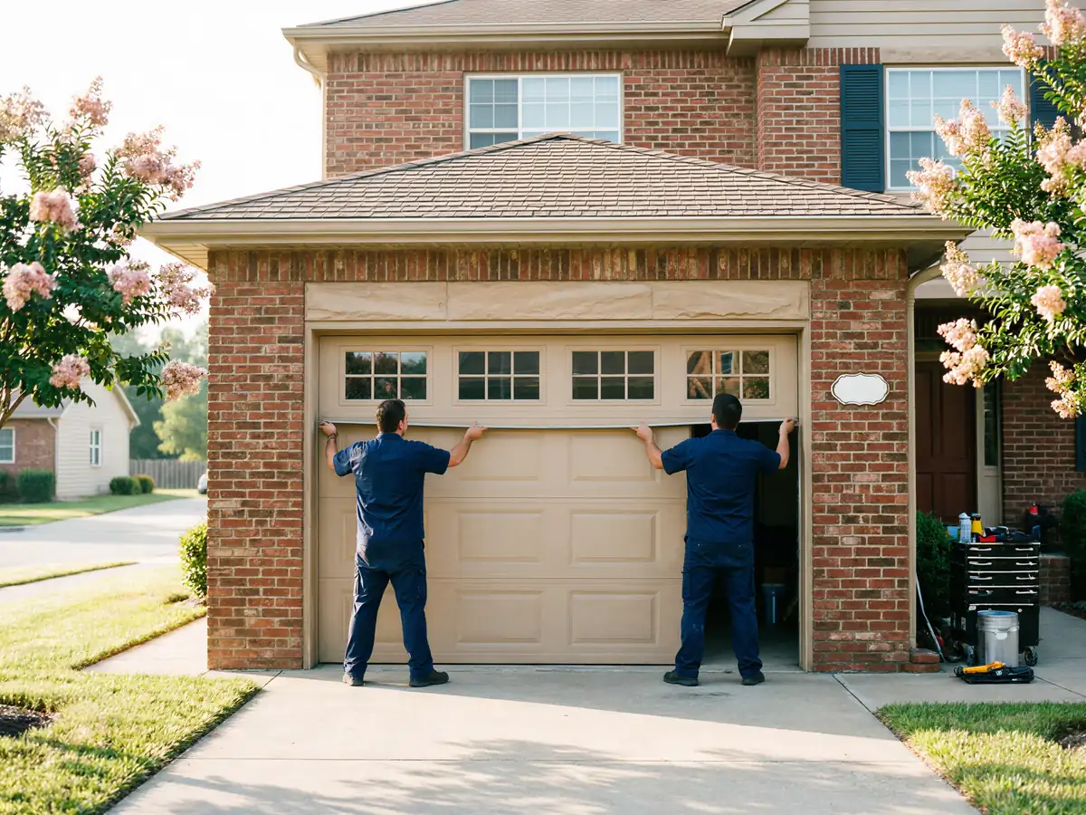 Two technicians in blue uniforms are installing a beige garage door.