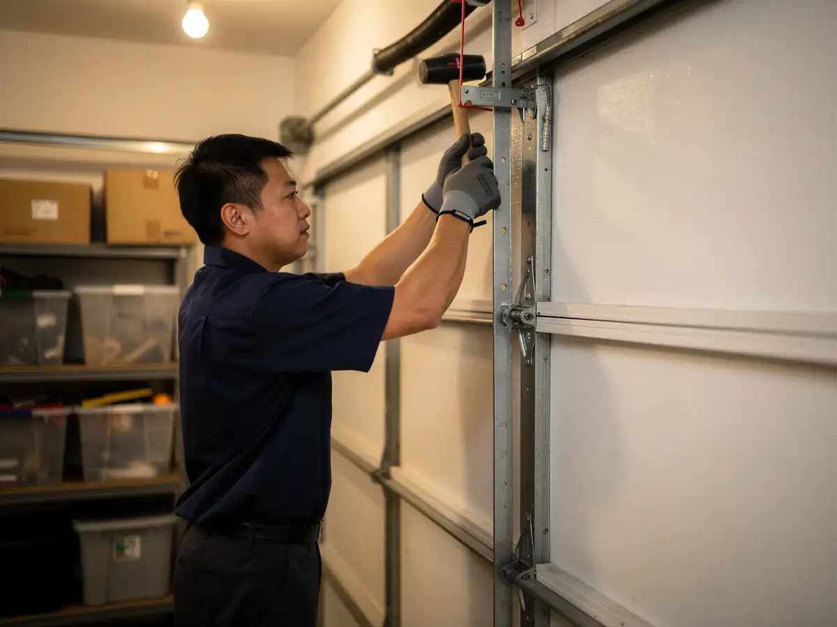 A technician in a blue shirt is adjusting a garage door with a rubber mallet.
